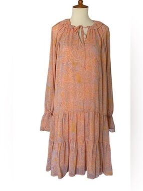 ILLA ILLA .Peach , Yellow and Gray Paisley Tiered Maxi Dress,size small